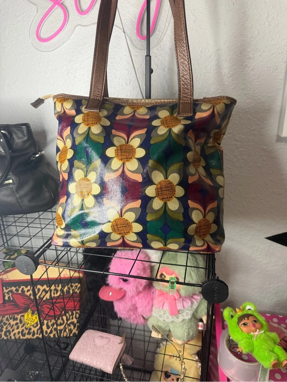 Fossil Key-Per Floral Coated Canvas Tote Purse Vintage Y2K Boho Handbag